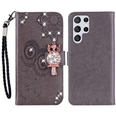 For Samsung Galaxy S23 Ultra Fall Proof Rhinestone Decor Phone Cover, Imprinting Owl Flower Pattern Stand Wallet Leather Case - Grey