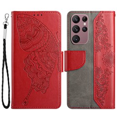 PU Leather Phone Case for Samsung Galaxy S23 Ultra, Butterfly Flower Imprinted Hands-free Stand Wallet Cover - Red