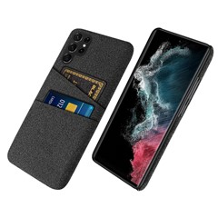 For Samsung Galaxy S23 Ultra Cloth Texture Dual Card Slots Phone Case Anti-scratch Hard PC Protective Cover - Black