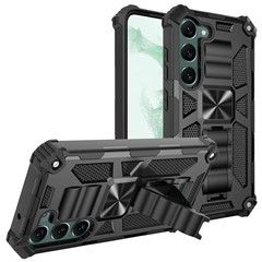 For Samsung Galaxy S23+ Drop-proof Back Cover Kickstand Soft TPU+Hard PC Military Dual-Layer Protection Phone Case - Black