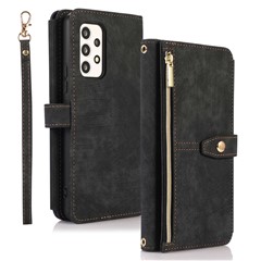 For Samsung Galaxy A13 4G / A13 5G / M13 5G / A04 4G (164.4 x 76.3 x 9.1 mm) / A04s 4G (164.7 x 76.7 x 9.1 mm) Zipper Pocket PU Leather Case Multiple Card Slots Wallet Stand Magnetic Phone Cover - Black