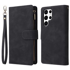 For Samsung Galaxy S23 Ultra Multiple Card Slots Phone Cover PU Leather Wallet Stand Full Protection Case with Zipper Pocket - Black
