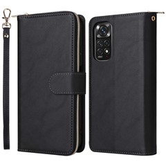 For Xiaomi Redmi Note 12 Pro 4G / 11 Pro 4G (MediaTek) / Note 11 Pro 5G (Qualcomm) / Note 11E Pro 5G PU Leather Zipper Pocket Case 9 Card Slots Flip Stand Cover with Strap - Black