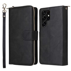 For Samsung Galaxy S22 Ultra 5G Ultra-slim PU Leather Wallet Phone Case 9 Card Slots Zipper Pocket Stand Flip Cover - Black