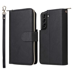 For Samsung Galaxy S23+ Full Protection Stand Wallet Phone Flip Case PU Leather Magnetic 9 Card Holder Slots Zipper Pocket Cover with Strap - Black