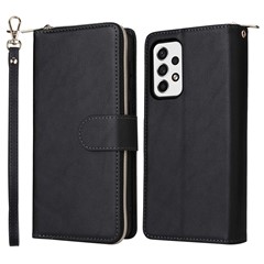 For Samsung Galaxy A53 5G Stand Wallet Phone Flip Case PU Leather Magnetic 9 Card Holder Slots Zipper Pocket Cover with Strap - Black