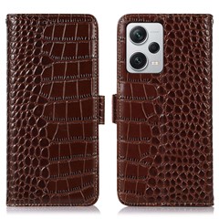 RFID Blocking Phone Cover For Xiaomi Redmi Note 12 Pro+ 5G Crocodile Texture Genuine Cowhide Leather Phone Case Wallet Stand - Brown