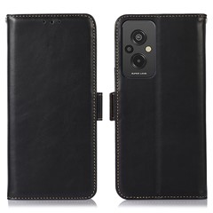 RFID Blocking Phone Case for Xiaomi Redmi 11 Prime 4G, Wallet Stand Magnetic Closure Crazy Horse Texture Genuine Cowhide Leather Anti-scratch Flip Cover - Black