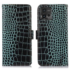For Motorola Moto G72 4G Crocodile Texture RFID Blocking Phone Case Genuine Cowhide Leather Wallet Stand Protective Phone Cover - Green