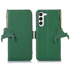 Genuine Leather Case for Samsung Galaxy S23+, Side Magnetic Closure Phone Case RFID Blocking Wallet Phone Cover with Stand - Green
