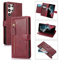 For Samsung Galaxy S23 Ultra PU Leather Wallet Case Zipper Pocket Stand Magnetic Flip Phone Cover - Red