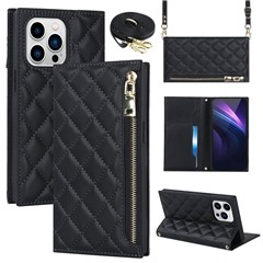 For iPhone 13 Pro 6.1 inch Stitching Rhombus Texture PU Leather Zipper Pocket Phone Case Wallet Stand Cover with Long Strap - Black