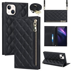 For iPhone 13 6.1 inch Shoulder Bag PU Leather Zipper Pocket Stitching Rhombus Texture Wallet Stand Phone Cover Case with Long Strap - Black