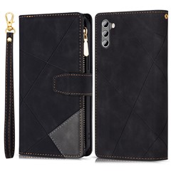 Leather Wallet Phone Case for Samsung Galaxy S23 Anti-Fall Protective Cover Color Splicing Stand Imprinting Lines Phone Case with Zipper Pocket - Black