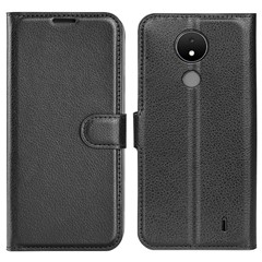 For Nokia C21 Litchi Texture Flip Phone Cover Stand Wallet PU Leather + TPU Case - Black