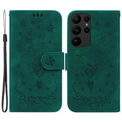 For Samsung Galaxy S23 Ultra PU Leather Book Stand Wallet Case Imprinted Rose Butterfly Magnetic Closure Flip Phone Cover with Strap - Green