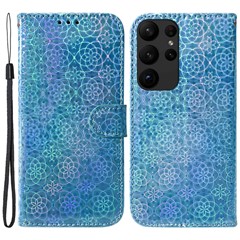 For Samsung Galaxy S23 Ultra Dazzling Flower Pattern PU Leather Case Wallet Stand Full Coverage Inner TPU Phone Cover with Strap - Blue