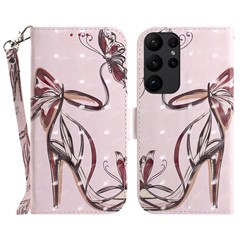 For Samsung Galaxy S23 Ultra Shockproof Phone Case Stand 3D Pattern Printing PU Leather Wallet Cover with Strap - Butterfly High Heels