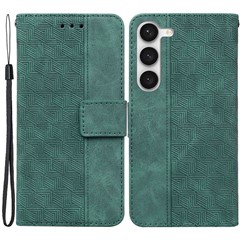 For Samsung Galaxy S23 Geometry Pattern Imprinted Phone Cover Wallet Stand PU Leather Magnetic Clasp Case with Strap - Green