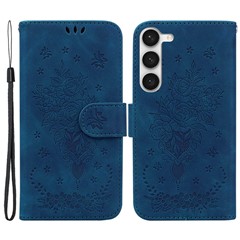 For Samsung Galaxy S23 Imprinted Rose Butterfly PU Leather Flip Cover Stand TPU Inner Shell Magnetic Closure Wallet Phone Cover with Strap - Blue