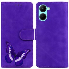 PU Leather Cell Phone Cover For Realme C33 2023 4G / C33 4G Butterfly Pattern Printing Skin-touch Stand Magnetic Clasp Flip Wallet Case - Purple