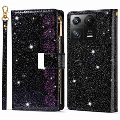 For Xiaomi 13 Flip Phone Cover Laser Carving Glittery Starry Style Zipper Wallet Stand PU Leather Phone Case with Strap - Black