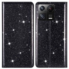 For Xiaomi 13 Slim Card Holder Stand Phone Cover Glitter Powder PU Leather Cell Phone Case with Magnetic Auto-absorbed Closure - Black