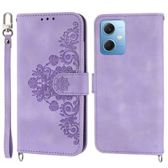 For Xiaomi Redmi Note 12 5G (Global) / (India) / (China) / Poco X5 5G Skin-touch Feeling Imprinted Flowers Phone Case Stand Leather Wallet Cover with Wrist Strap and Shoulder Strap - Light Purple
