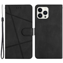 For iPhone 14 Pro Crazy Horse Texture PU Leather Folio Case Imprinted Lines Stand Wallet Magnetic Flip Phone Cover with Strap - Black