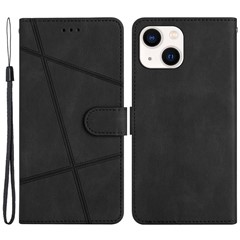 For iPhone 13 6.1 inch Phone Cover Imprinted Line Decor Wallet Crazy Horse Texture Stand Leather Phone Case with Strap - Black
