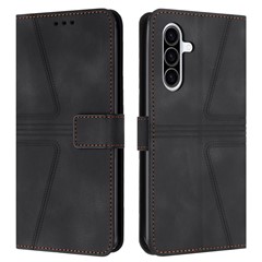 For Samsung Galaxy A27 5G Case Triangle Imprinted Anti-Scratch PU Leather Phone Wallet Cover - Black