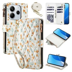 For Xiaomi Redmi Note 14 4G (163.25mm) Leather Case with Wrist Strap   /   Shoulder Strap Rhombic Floral Pattern Zipper Wallet Phone Cover - A3