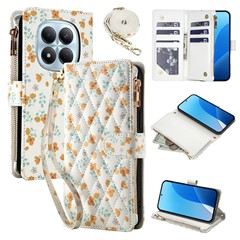 Leather Case For Xiaomi Redmi Note 15 4G (Global)  /  Redmi Note 15 5G (Global)  /  Poco M8 5G Rhombic Floral Pattern Zipper Wallet Phone Cover with Wrist Strap   /   Shoulder Strap - A3