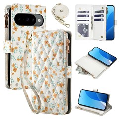 Leather Case For Google Pixel 10  /  10 Pro  /  9  /  9 Pro Rhombic Floral Pattern Zipper Wallet Phone Cover with Wrist Strap   /   Shoulder Strap - A3