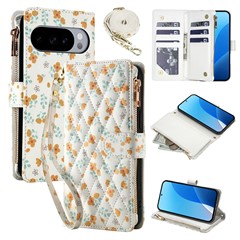 Leather Case For Google Pixel 10 Pro XL  /  9 Pro XL Rhombic Floral Pattern Zipper Wallet Phone Cover with Wrist Strap   /   Shoulder Strap - A3
