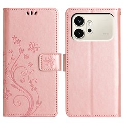 For Honor 600 5G Leather Wallet Case Butterfly Flower Imprinted Phone Cover with Strap - Rose Gold