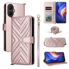 For TCL K70 5G Leather Case Stand Wallet Phone Cover with Shoulder  /  Wrist Strap - Pink