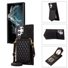 For Samsung Galaxy S23 Ultra Imprinted PU Leather Coated TPU Kickstand Case Anti-drop RFID Blocking Card Holder Phone Cover with Shoulder Strap - Black