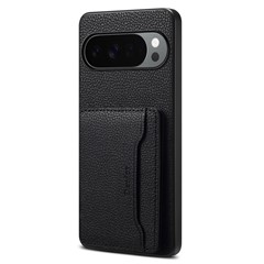 DENIOR D30 For Google Pixel 10 / 10 Pro Magnetic Case Detachable Card Holder Kickstand Litchi Texture Leather Back Phone Cover - Black