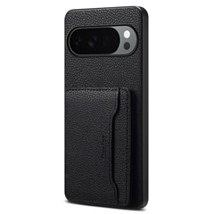 DENIOR D30 For Google Pixel 10 Pro XL Magnetic Case Detachable Card Holder Kickstand Litchi Texture Leather Back Phone Cover - Black