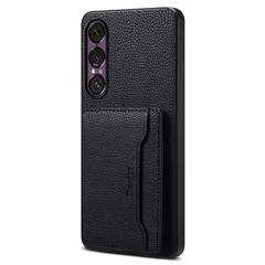 DENIOR D30 For Sony Xperia 1 VII Magnetic Case Detachable Card Holder Kickstand Litchi Texture Leather Back Phone Cover - Black
