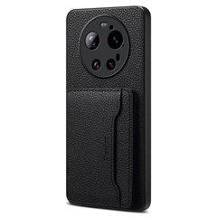 DENIOR D30 For Xiaomi 17 Ultra 5G Magnetic Case Detachable Card Holder Kickstand Litchi Texture Leather Back Phone Cover - Black