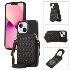 For iPhone 13 6.1 inch Imprinted Rhombus Makeup Mirror Kickstand Case PU Leather Coated TPU Card Slot RFID Blocking Phone Cover with Shoulder Strap - Black