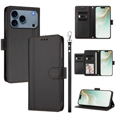 For iPhone 18 Pro Max / 17 Pro Max Case 9 Card Slots PU Leather Flip Wallet Phone Cover with Hand Strap - Black