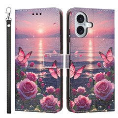 For iPhone 17 Case Pattern Printing PU Leather Flip Wallet Phone Cover with Wrist Strap - Rose Butterfly