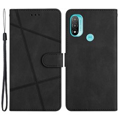 For Motorola Moto E20 / E30 / E40 Imprinted Line Decor Wallet Crazy Horse Texture Leather Phone Cover Stand Drop-proof Phone Case with Strap - Black
