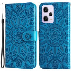 For Xiaomi Redmi Note 12 Pro+ 5G PU Leather Sunflower Imprinted Phone Case Magnetic Closure Hands-free Stand Flip Cover with Wrist Strap - Blue