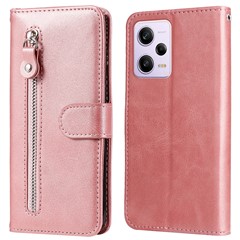 Phone Stand Case for Xiaomi Redmi Note 12 Pro+ 5G Calf Texture PU Leather Zipper Pocket Flip Wallet Cover - Rose Gold