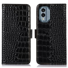 For Nokia X30 5G RFID Blocking Protection Wallet Case Crocodile Texture Genuine Cowhide Leather Flip Stand Phone Cover - Black