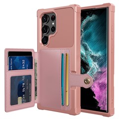 ZM03 For Samsung Galaxy S23 Ultra PU Leather Case Shockproof Card Slot Phone Cover with Magnetic Metal Sheet - Pink